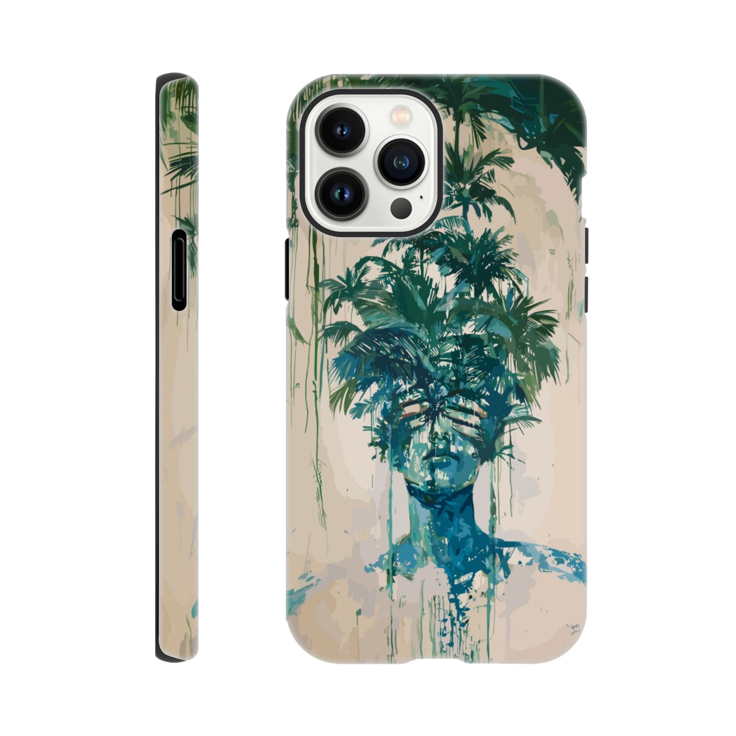 An Apple iPhone 13 Pro Max phone case with the following design on it -the soulless look on the face of either a female or male human form that is self possessed and obscured by a dozen palm trees, green, blue, white, surrealism meets fauvism