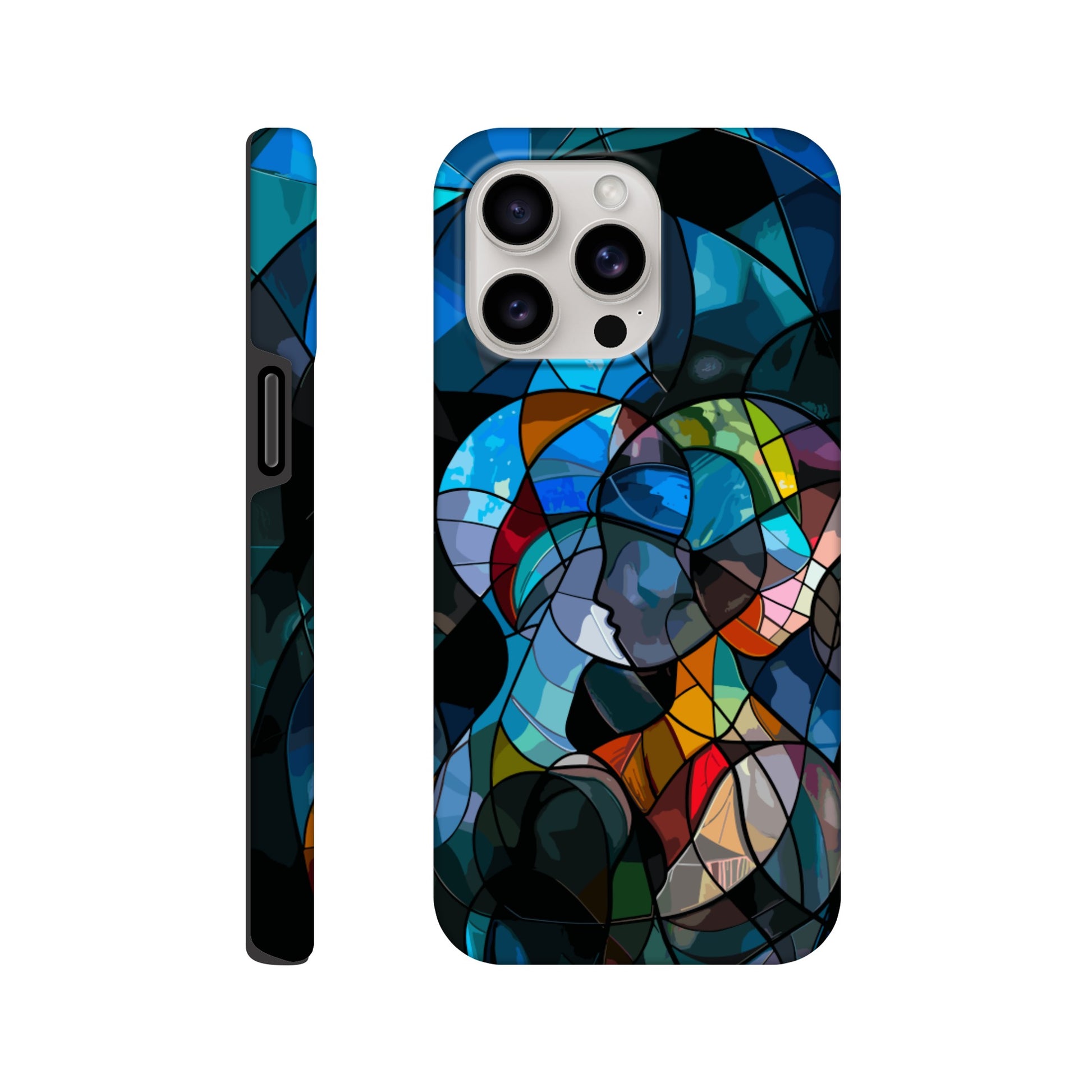 An iPhone 15 Pro Max Phone Case with the following design on it: stained glass window of two people hugging, in the style of cubism, abstract shapes and lines, vibrant colors, dark background, hyper realistic 