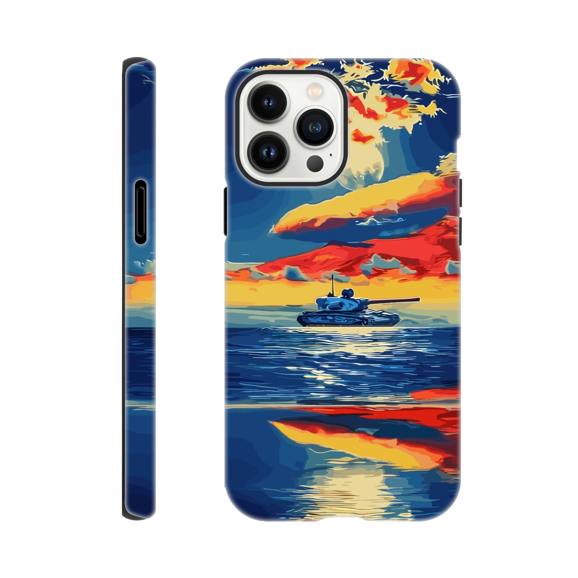 An Apple iPhone 13 Pro Max Phone Case with the following design on it : A tank is sailing on the sea, with colorful clouds in the sky and a sunset reflection on the water surface, the style of an oil painting. The main colors of red, blue, yellow and orange are presented in a flat illustration