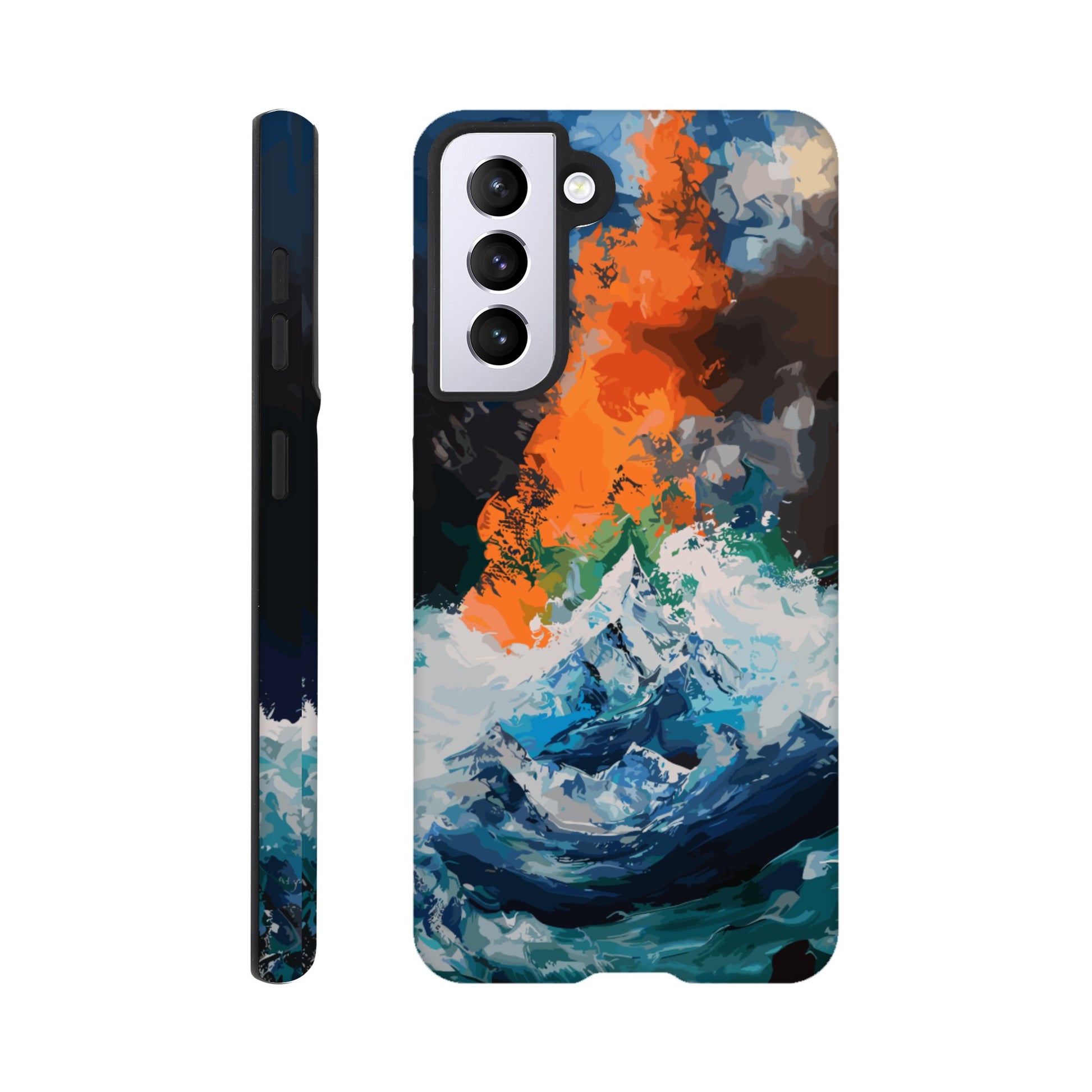 A Samsung Galaxy S21 Phone Case with the following design on it - the Mariana Trench engulfing Mount Everest, cartoonish surrealism, blue, white, green, orange, black