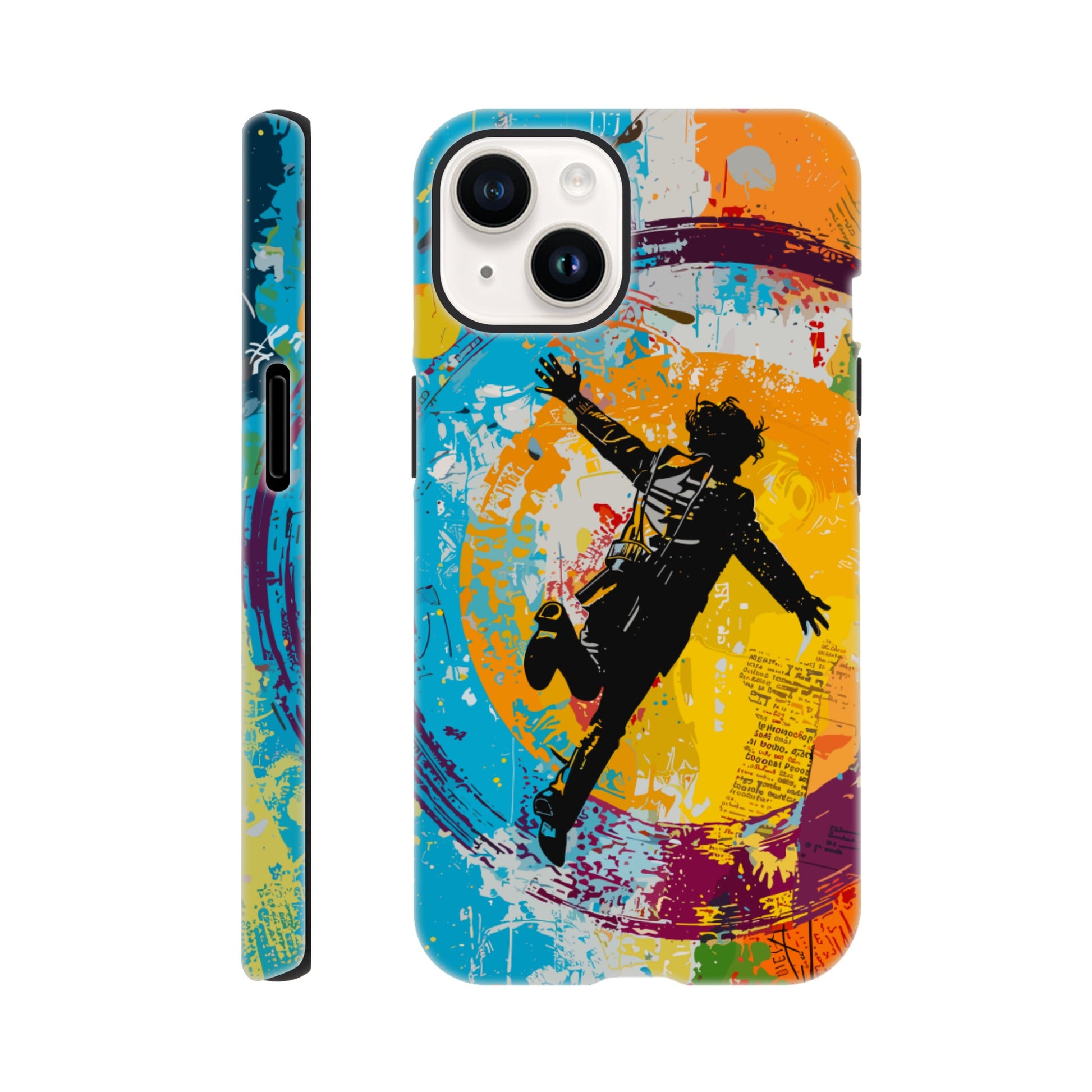 An Apple iPhone 14 Phone Case with the following design on it -A graffiti style painting of the back of a human male in a suit falling in mid-air, with bold colors. The background is filled with vibrant splashes of color and newspaper texture in the style of American pop art