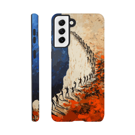 A Samsung Galaxy S21 Plus Phone Case with the following design on it: a very large group of human forms all pointing in different directions as they are marching towards a cliff, royal blue, white, red, orange, style of fauvism