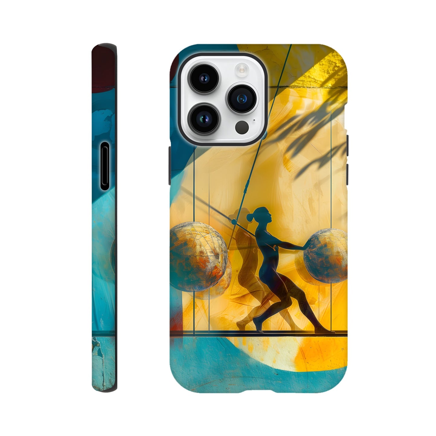 An Apple iPhone 14 Pro Max Phone Case with the following design on it: A colorful mural depicting the figure of a Female athlete with two circles and three spheres in yellow, blue, and red colors, painted on concrete walls. A woman is running between them while holding another sphere in her hand. The shadows cast by palm trees create dynamic patterns that highlight details like dots and lines, adding depth to the scene