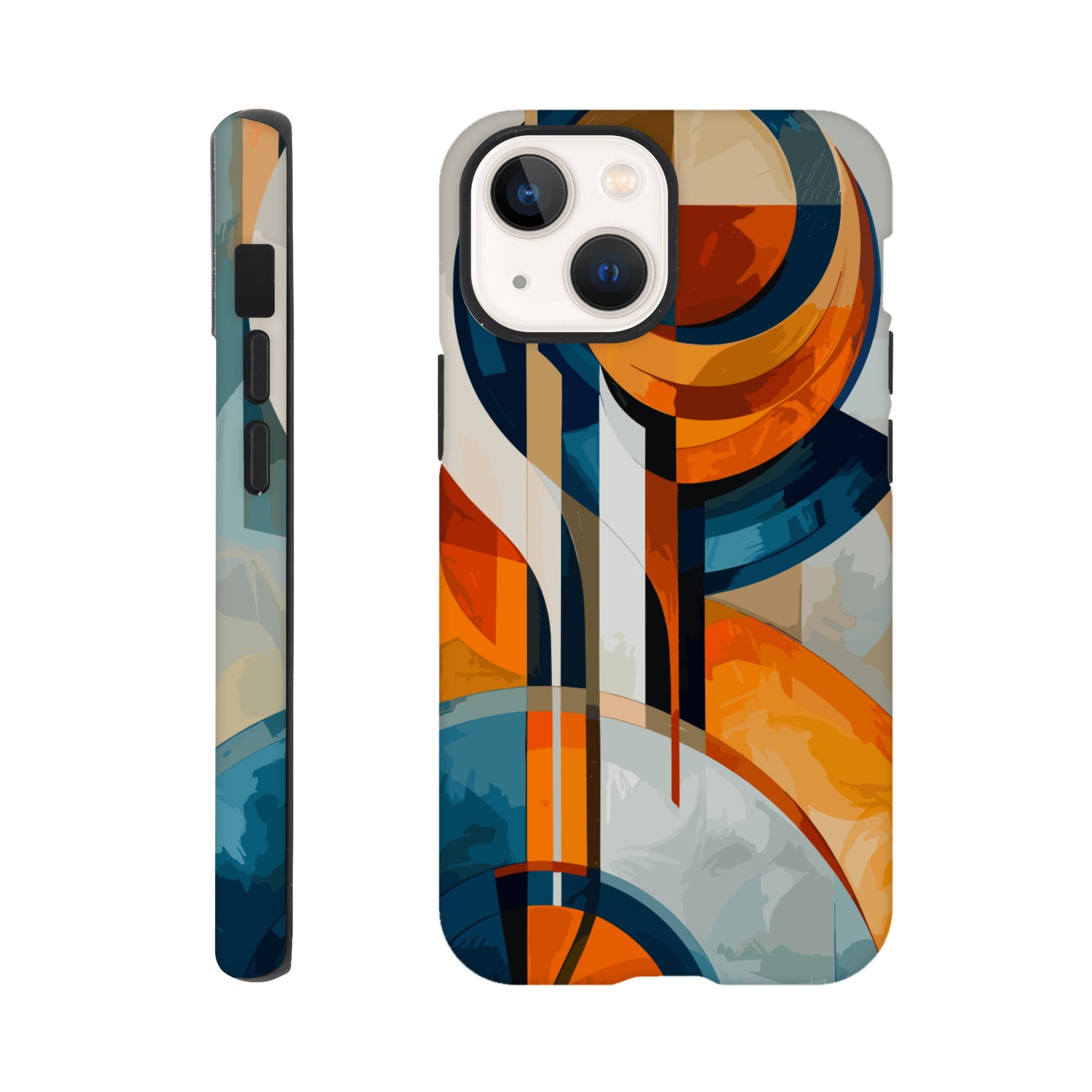 An Apple iPhone 13 Mini Phone Case with the following design on it: An abstract painting of an orange, blue and white circular design with lines in the style of cubism. The shapes create visual harmony by creating balance between soft curves and sharp angles. It uses flat color to give depth through gradients. There is an emphasis on the use of light and shadow. In some places there's an airbrush effect