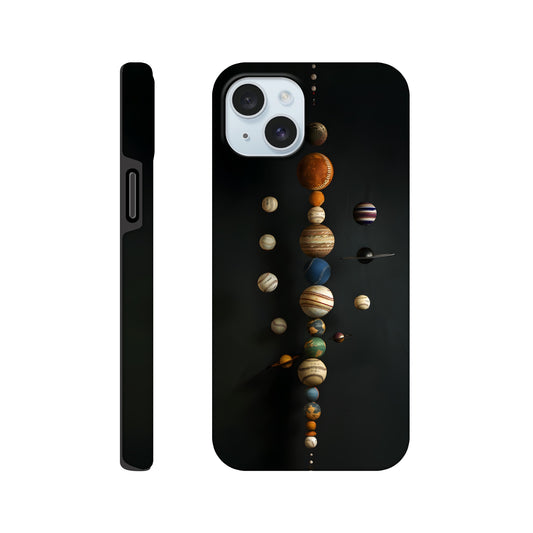 An Apple iPhone 15 Plus phone case with a design depicting our solar system with baseballs in place of planets