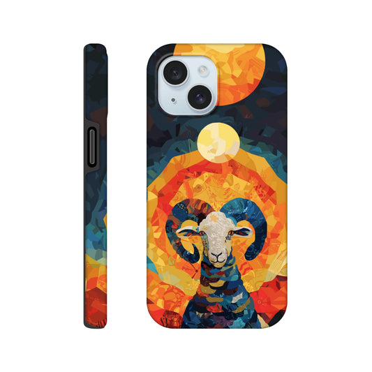 An Apple iPhone 15 Phone Case with the following design on it - A Ram is facing towards you. There is a large Sun above the Ram even though it appears to be nighttime and a small moon as well, the style is art nouveau with very vibrant primary colors.