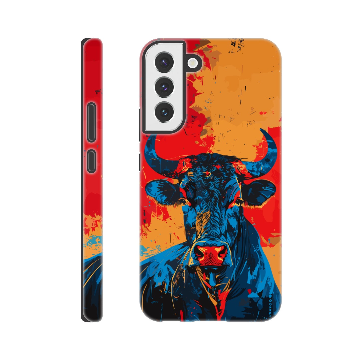 A Samsung Galaxy S22 Plus Phone Case with the following design on it: Abstract blue bull on a red background in the style of urban graffiti, the Bull is the symbol for the astrological sign of Taurus, flat painting with brush strokes, strong color contrast in the style of urban street art, cool and confident expression of the blue ox with an eye-catching label and strong visual impact