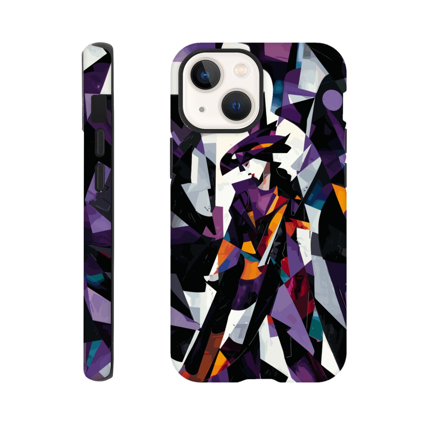 An Apple iPhone 13 Mini Phone Case with the following design on it : geometric and abstract design of a figure with sharp angles and vibrant colors, primarily purple, black, white, and orange.