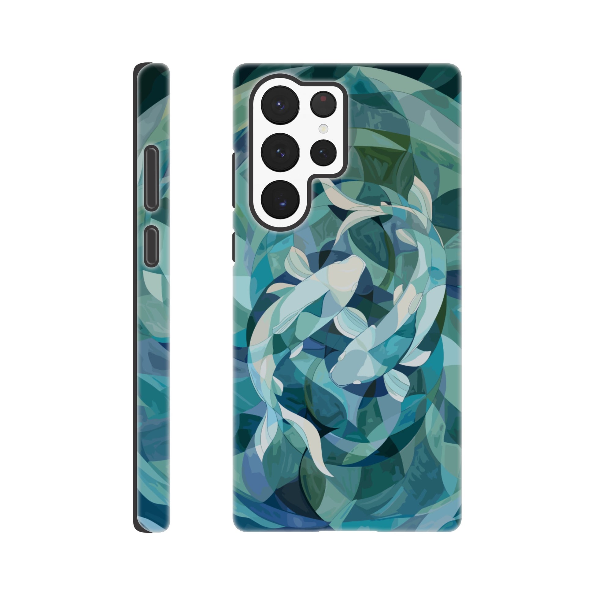 A Samsung Galaxy S22 Ultra Phone Case with the following design on it : A representation of the Pisces zodiac sign depicted as follows - A geometric abstract painting of fish swimming in circles, using shades and shapes to create the illusion that they form an endless circle. The color palette is soft with pastel blues and greens, giving it a calming effect. This artwork symbolizes motion, energy flow, chaos theory, infinite reflection, balance between movement and stillness