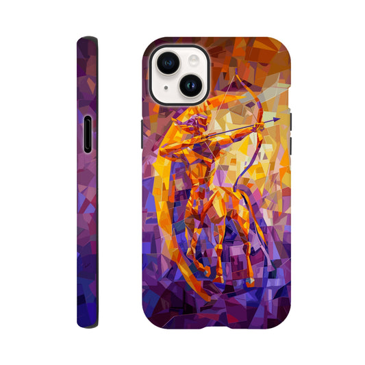 An Apple iPhone 14 Plus Phone Case with the following design on it: A centaur- the half man half horse archer and symbol of the astrological sign Sagittarius, the character is imagined through an artist who is adept at the artistic style of cubism, orange, purple, yellow