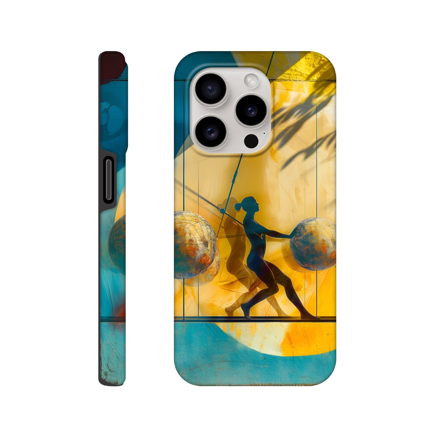 An Apple iPhone 15 Pro Phone Case with the following design on it: A colorful mural depicting the figure of a Female athlete with two circles and three spheres in yellow, blue, and red colors, painted on concrete walls. A woman is running between them while holding another sphere in her hand. The shadows cast by palm trees create dynamic patterns that highlight details like dots and lines, adding depth to the scene