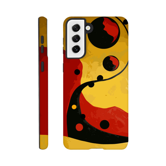 A Samsung Galaxy S21 Plus Phone Case with the following design on it - Abstract painting of yellow, red and black dots on the wall in an art deco style. The background is a dark gradient from light to deep yellow. In the foreground there's a swirl with three circles that resemble multiple shapes within each other, giving it depth. It has organic curves but also geometric elements.