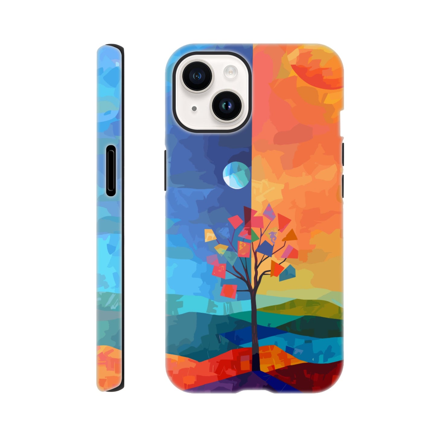 An Apple iPhone 14 Phone Case with the following design on it - A landscape with two distinct color blocks representing day and night, featuring the sun on one side and the moonlight on the other, with a tree in between, depicted as geometric shapes and colors in the style of abstract art, with vibrant and contrasting colors, a modern digital painting