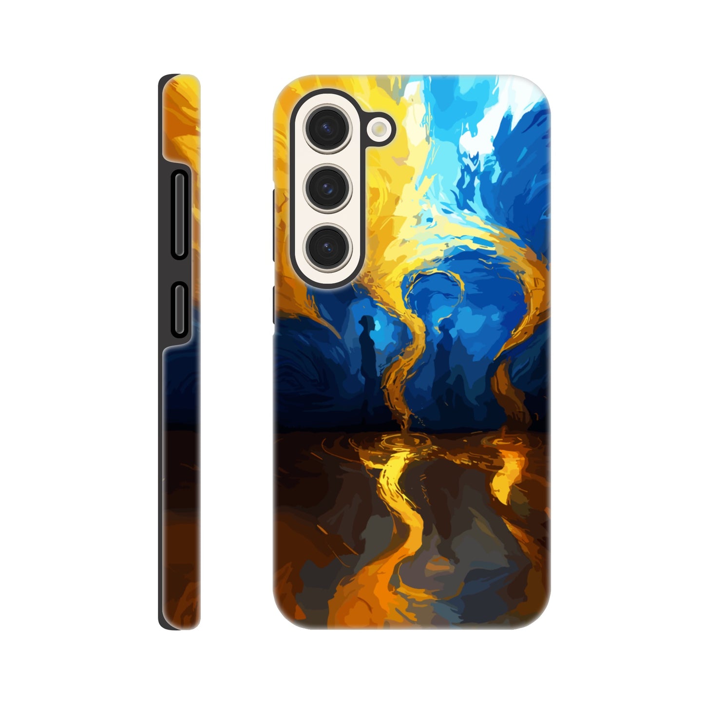 A Samsung Galaxy S23 Phone Case with the following design on it -An abstract image of flowing thunder/lightning and waves. The colors of blue, orange, and yellow. There are two human forms facing each other in the middle of the image.