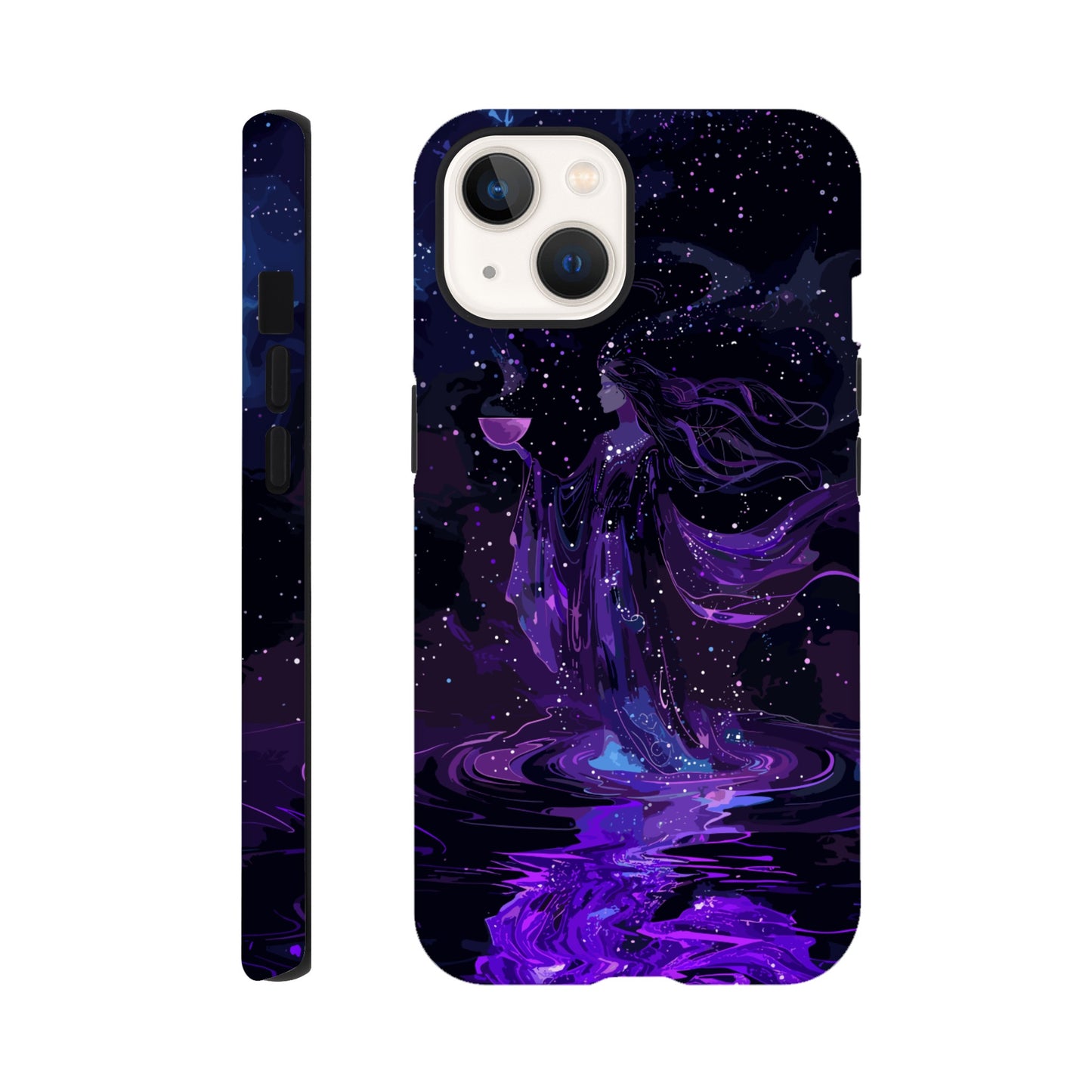 An Apple iPhone 13 Phone Case with a design of the aquarius astrological zodiac symbol, purple, red, turquoise, 3d, pop art