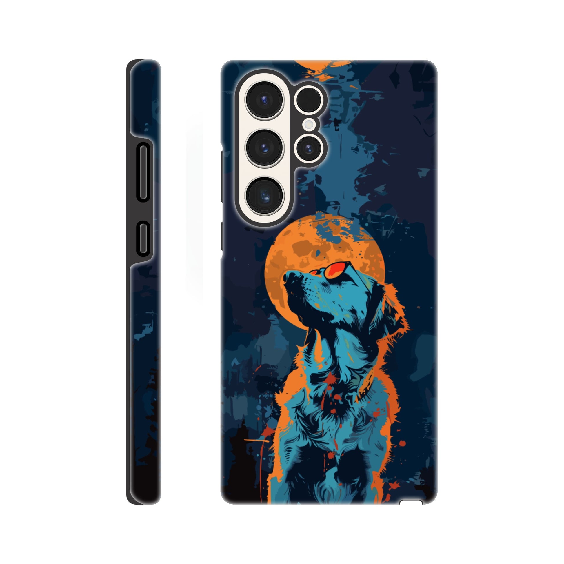 A Samsung Galaxy S23 Ultra Phone Case with the following design on it - A golden retriever dog with the moon behind it in a blue and orange color scheme, a night forest background, flat vector art with dark blue and light amber colors, a cyberpunk aesthetic