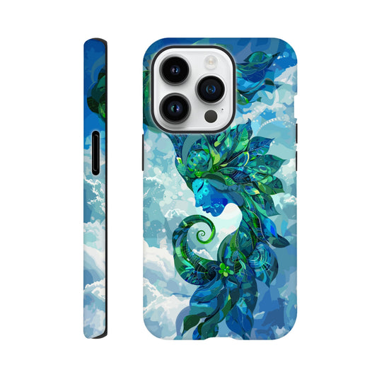 An Apple iPhone 14 Pro Phone Case with the following design on it: digital illustration of the symbol for the Zodiac symbol for Virgo, abstract Maiden, swirling in the sky with clouds and blue background, vibrant green and dark blues, digital art style, detailed shading, intricate details, fantasy elements, fantasy-inspired designs, fantasy realism