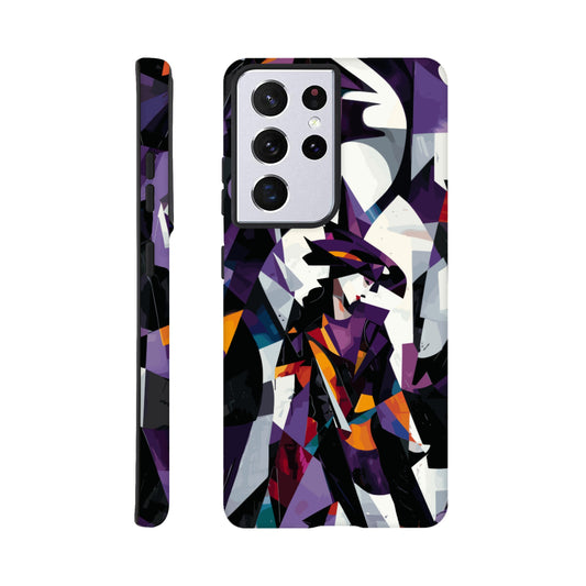 A Samsung Galaxy S21 Ultra Phone Case with the following design on it : geometric and abstract design of a figure with sharp angles and vibrant colors, primarily purple, black, white, and orange.