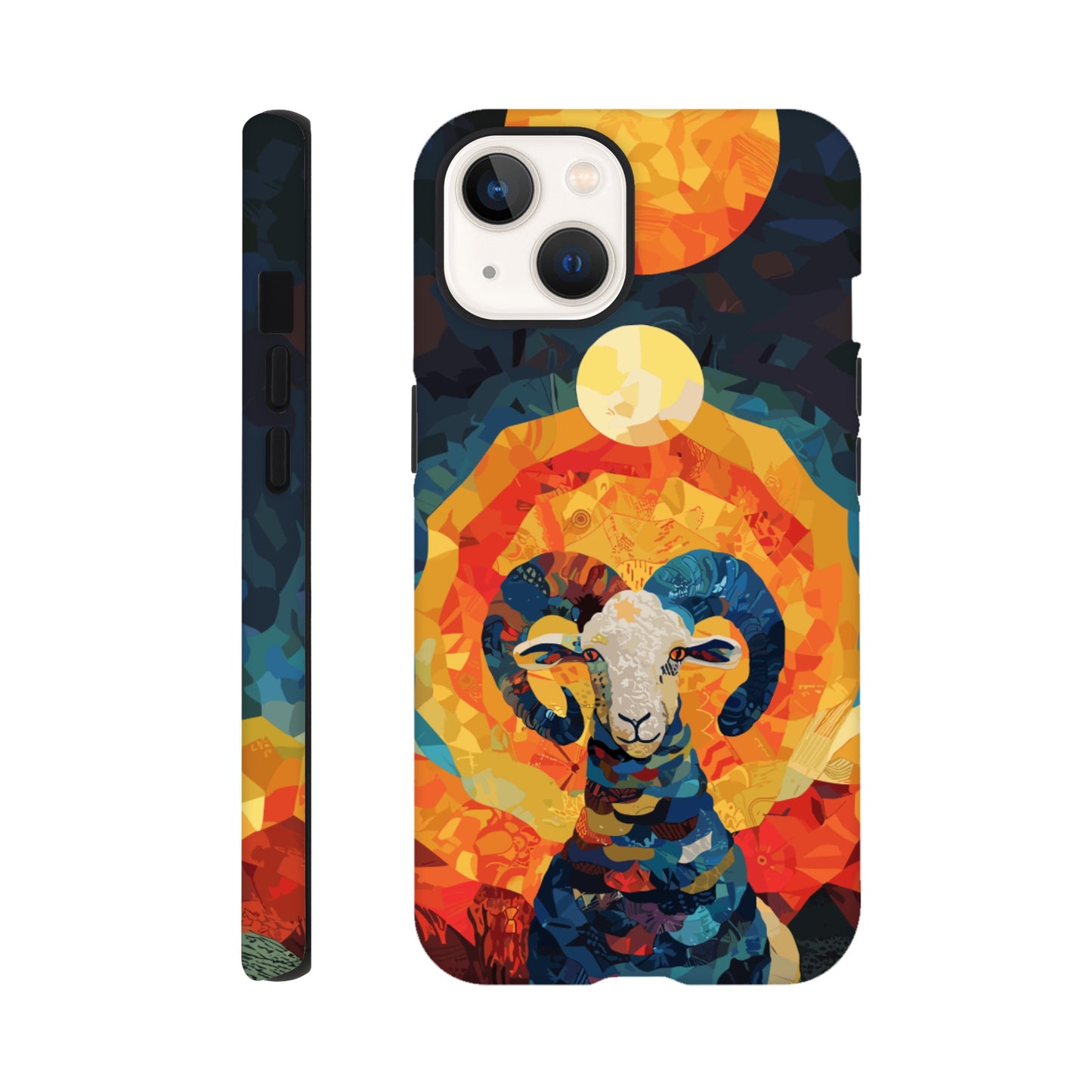 An Apple iPhone 13 Phone Case with the following design on it - A Ram is facing towards you. There is a large Sun above the Ram even though it appears to be nighttime and a small moon as well, the style is art nouveau with very vibrant primary colors.