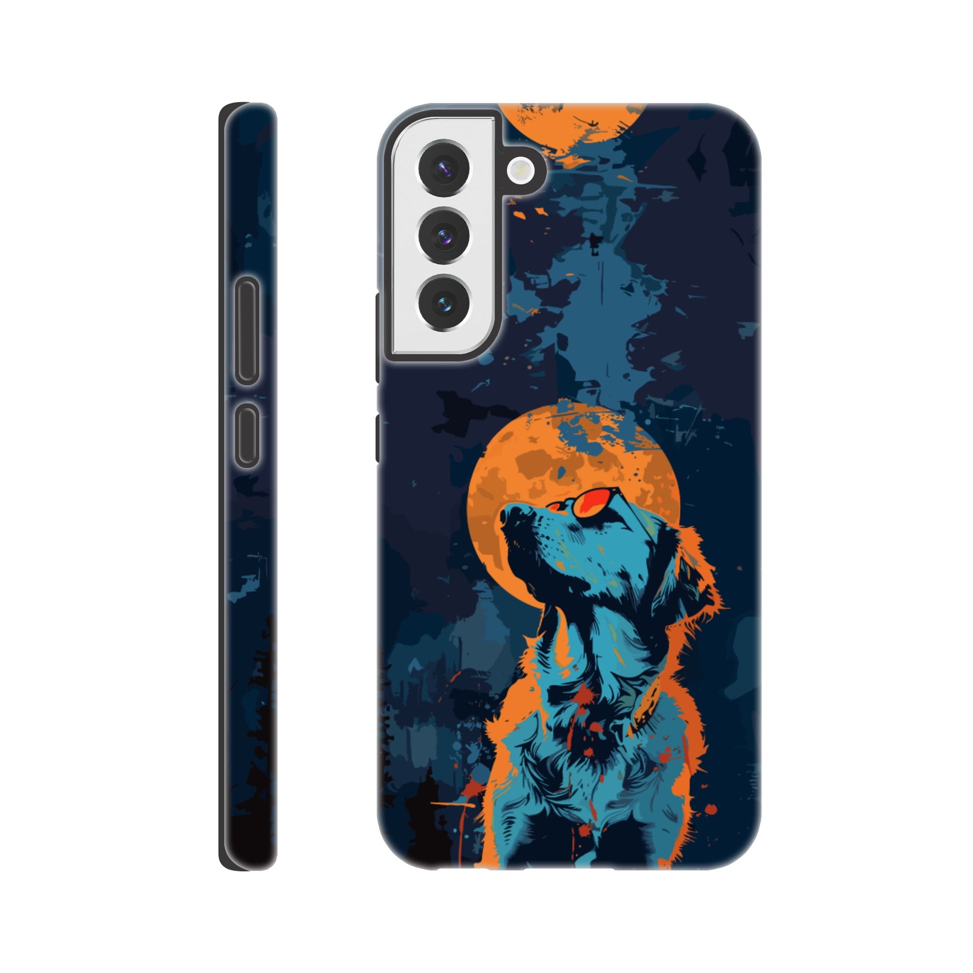 A Samsung Galaxy S22 Plus Phone Case with the following design on it - A golden retriever dog with the moon behind it in a blue and orange color scheme, a night forest background, flat vector art with dark blue and light amber colors, a cyberpunk aesthetic