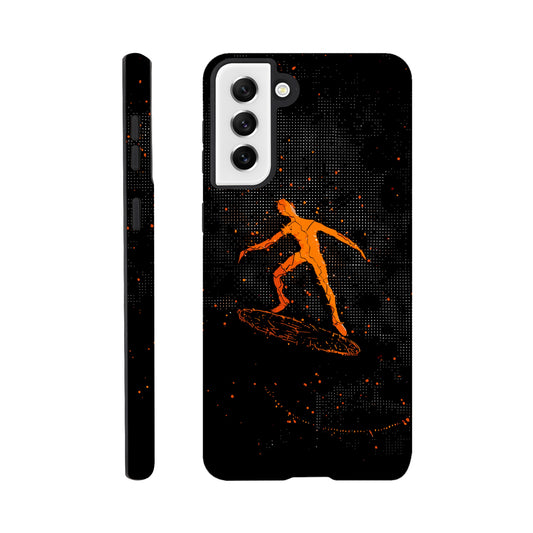 A Samsung Galaxy S21 Plus Phone Case with the following design on it : orange glowing silhouette of a male surfer against a black background, in the style of digital art, dark orange and light amber, pointillist dot paintings, high resolution, symmetrical grid-like patterns, minimalist figures, glitched edges