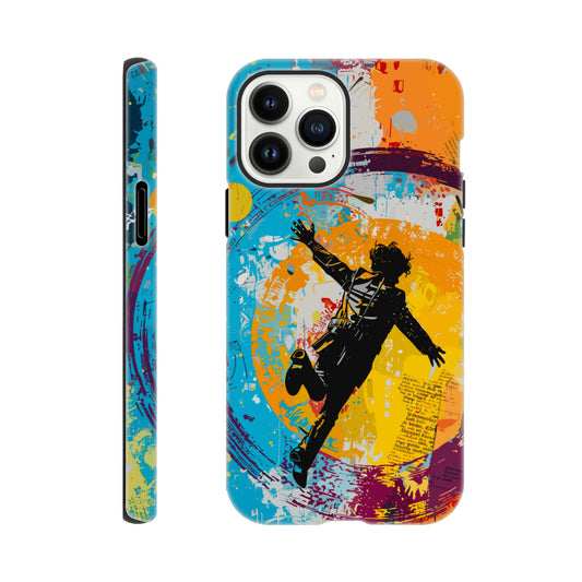 An Apple iPhone 13 Pro Max Phone Case with the following design on it -A graffiti style painting of the back of a human male in a suit falling in mid-air, with bold colors. The background is filled with vibrant splashes of color and newspaper texture in the style of American pop art