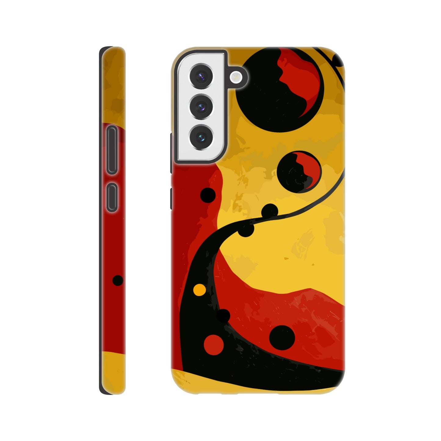 A Samsung Galaxy S22 Plus Phone Case with the following design on it - Abstract painting of yellow, red and black dots on the wall in an art deco style. The background is a dark gradient from light to deep yellow. In the foreground there's a swirl with three circles that resemble multiple shapes within each other, giving it depth. It has organic curves but also geometric elements.