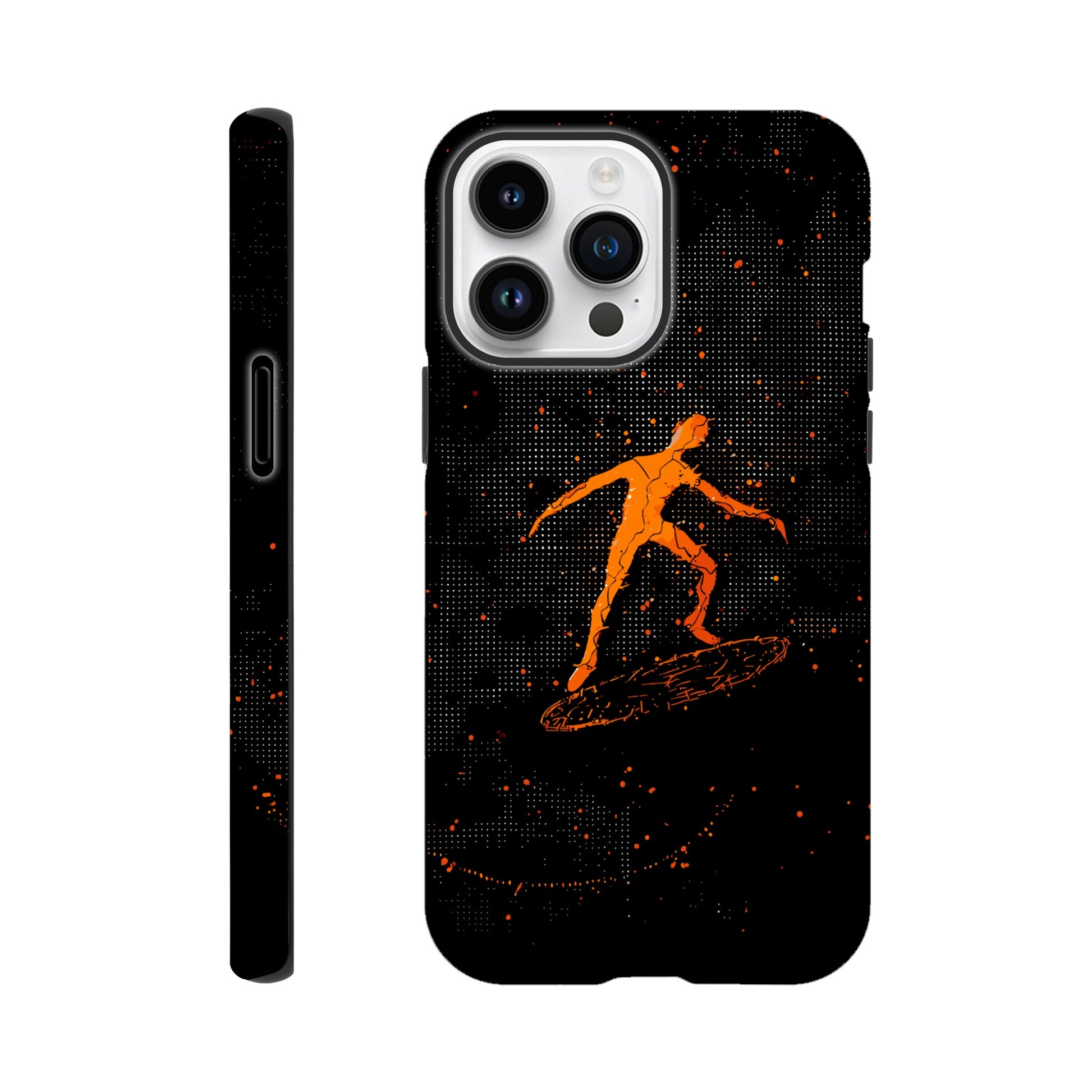 An Apple iPhone 14 Pro Max Phone Case with the following design on it : orange glowing silhouette of a male surfer against a black background, in the style of digital art, dark orange and light amber, pointillist dot paintings, high resolution, symmetrical grid-like patterns, minimalist figures, glitched edges