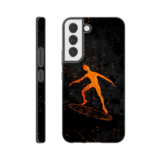 A Samsung Galaxy S22 Phone Case with the following design on it : orange glowing silhouette of a male surfer against a black background, in the style of digital art, dark orange and light amber, pointillist dot paintings, high resolution, symmetrical grid-like patterns, minimalist figures, glitched edges