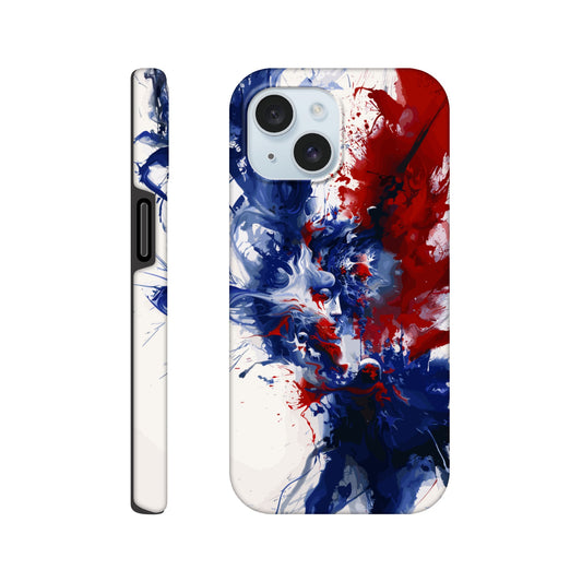 An Apple iPhone 15 Phone Case with the following design on it: Abstract Blue and Red Painting, white background, ink painting, splash art in the style of ink painting, human profile in the middle which seems to be depicting someone in deep thought 