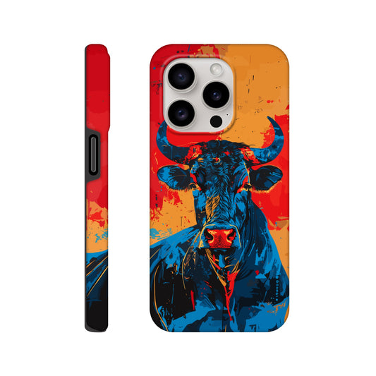 An Apple iPhone 15 Pro Phone Case with the following design on it: Abstract blue bull on a red background in the style of urban graffiti, the Bull is the symbol for the astrological sign of Taurus, flat painting with brush strokes, strong color contrast in the style of urban street art, cool and confident expression of the blue ox with an eye-catching label and strong visual impact