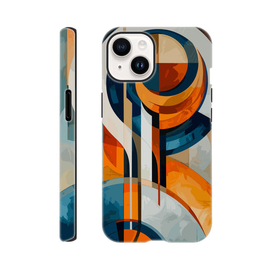 An Apple iPhone 14 Phone Case with the following design on it: An abstract painting of an orange, blue and white circular design with lines in the style of cubism. The shapes create visual harmony by creating balance between soft curves and sharp angles. It uses flat color to give depth through gradients. There is an emphasis on the use of light and shadow. In some places there's an airbrush effect