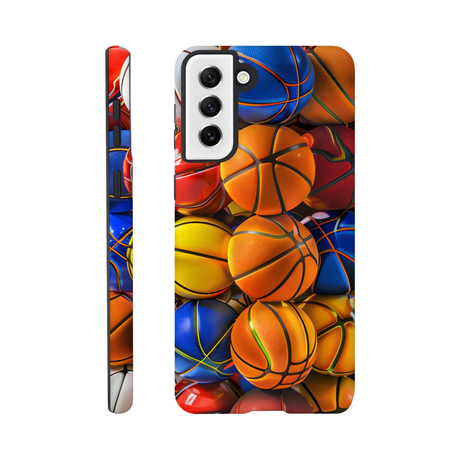 A Samsung Galaxy S21 Plus Phone Case adorned with an image of 50 basketballs, of a variety of primary colors, in the form of cube