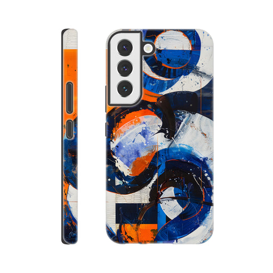 A Samsung Galaxy S22 Phone Case with the following design on it - An abstract painting of circles and squares in orange, blue and white, with an overall sense of movement and vitality. The background is collage-like, with elements such as textures, lines, stripes, scribbles and splashes of paint, along with irregular shapes