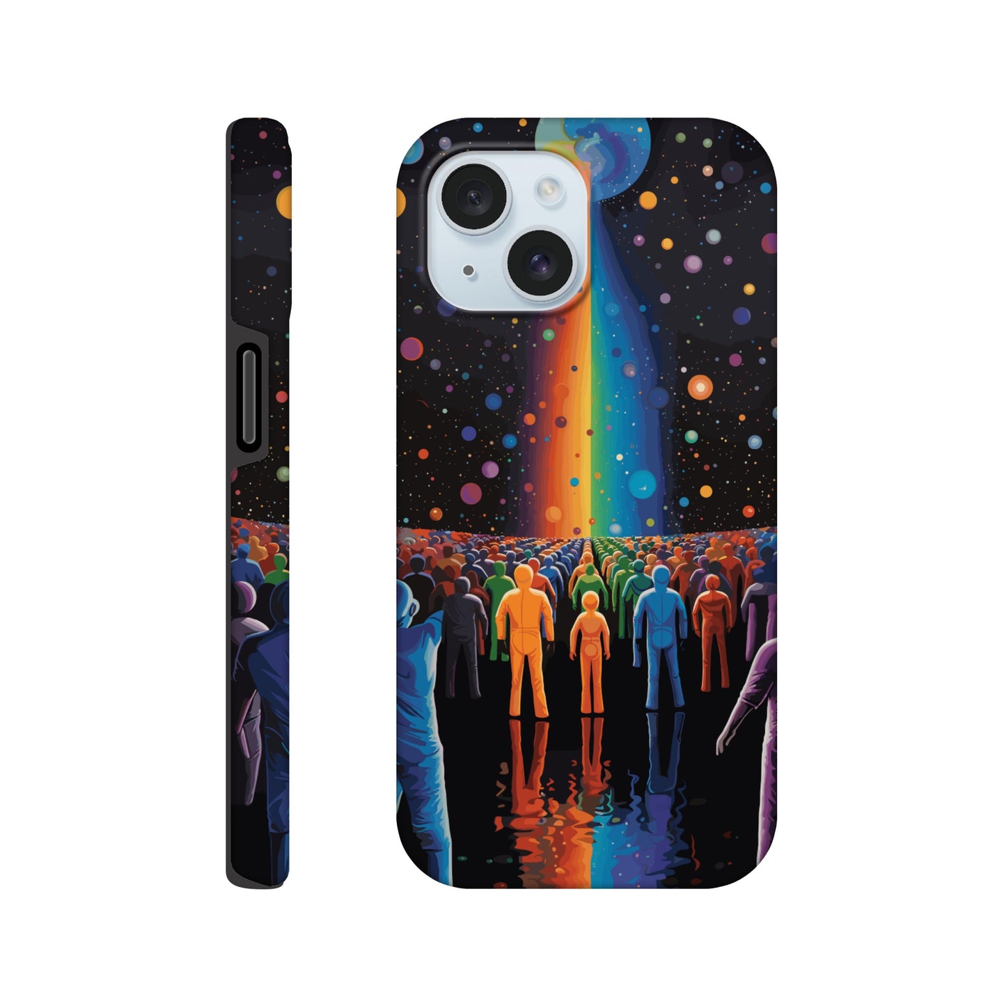 An Apple iPhone 15 Phone Case with the following design on it : A cartoonish image of a colorful crowd of people on the surface of an alien planet, with rainbows and stars in the background. The design incorporates different colors to create a visually appealing composition. The lighting creates a sense of depth and dimension. The overall effect conveys wonderment and excitement as if looking out into space