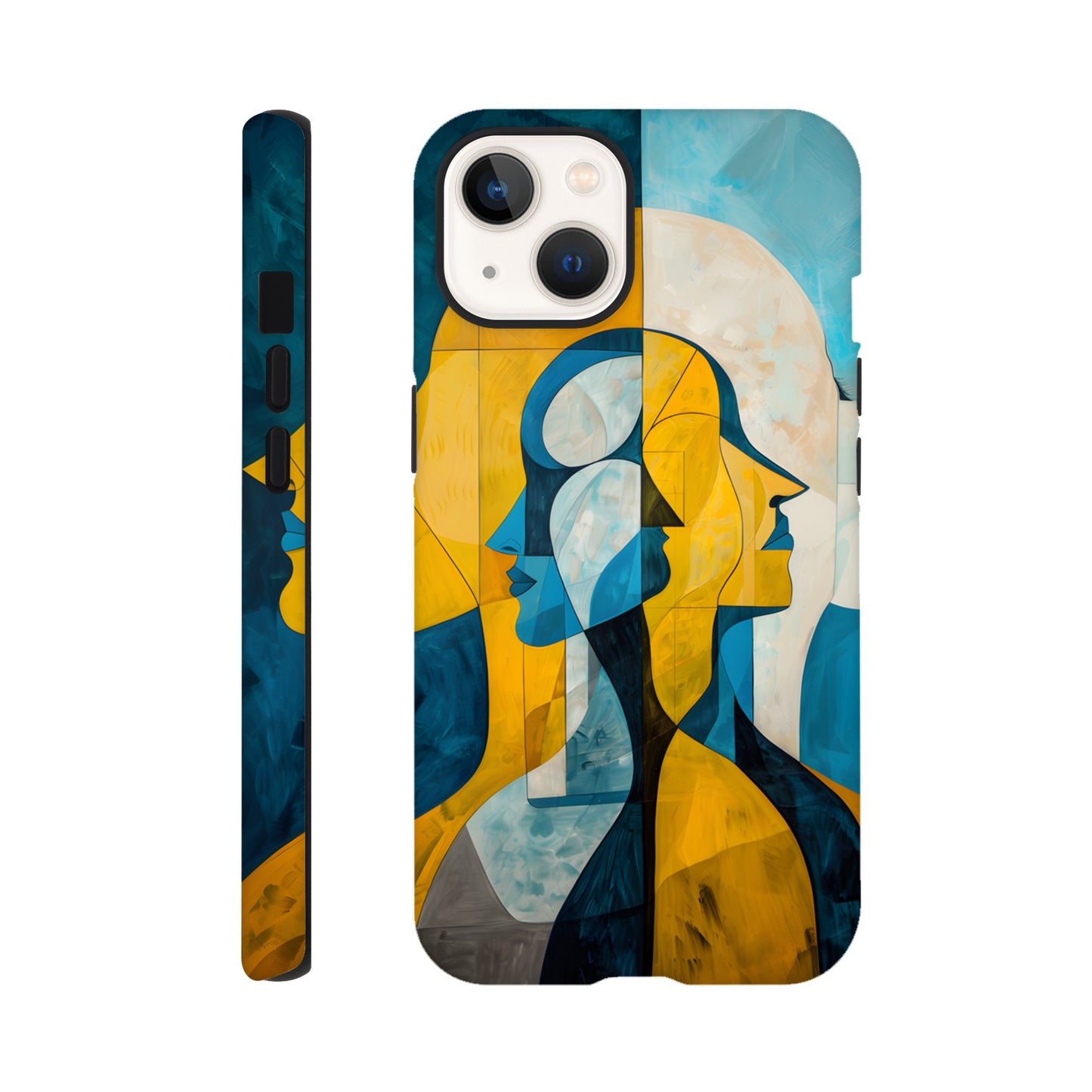 An Apple iPhone 13 Phone Case with the following design on it - the Gemini Astrological sign depicting twins facing away from one another, the twins are of no specific sexual or ethnic orientation, yellow, baby blue, white, cubism