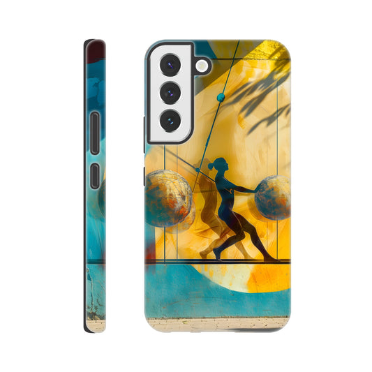 A Samsung Galaxy S22 Phone Case with the following design on it: A colorful mural depicting the figure of a Female athlete with two circles and three spheres in yellow, blue, and red colors, painted on concrete walls. A woman is running between them while holding another sphere in her hand. The shadows cast by palm trees create dynamic patterns that highlight details like dots and lines, adding depth to the scene