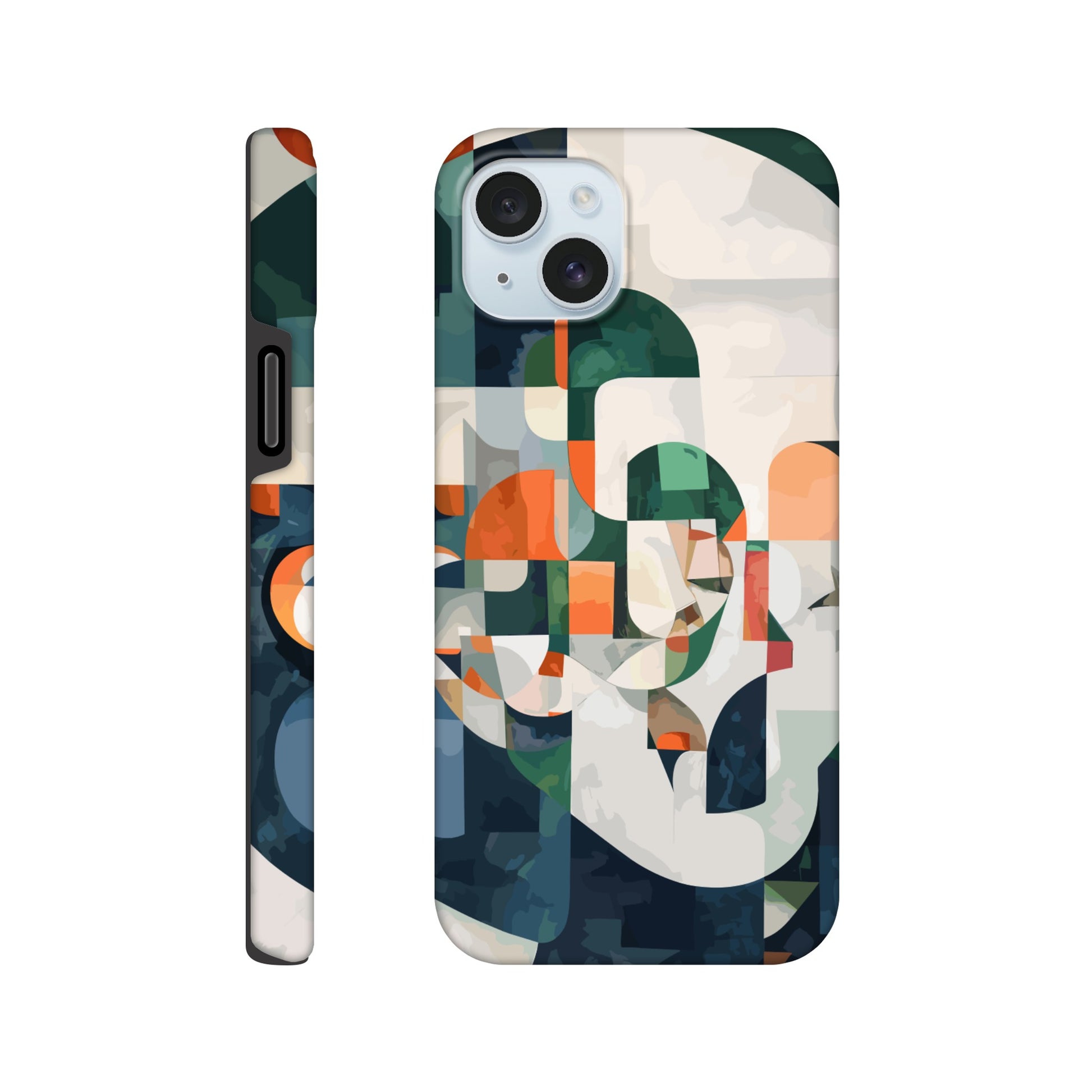 An iPhone 15 Plus Phone Case with the following design on it -A cubist-inspired portrait. The face is composed of geometric shapes and forms, with an abstract background that features soft gradients in shades of green, orange, blue, white, and grey. Abstract patterns surround the figure to create depth and movement against an emerald color palette.