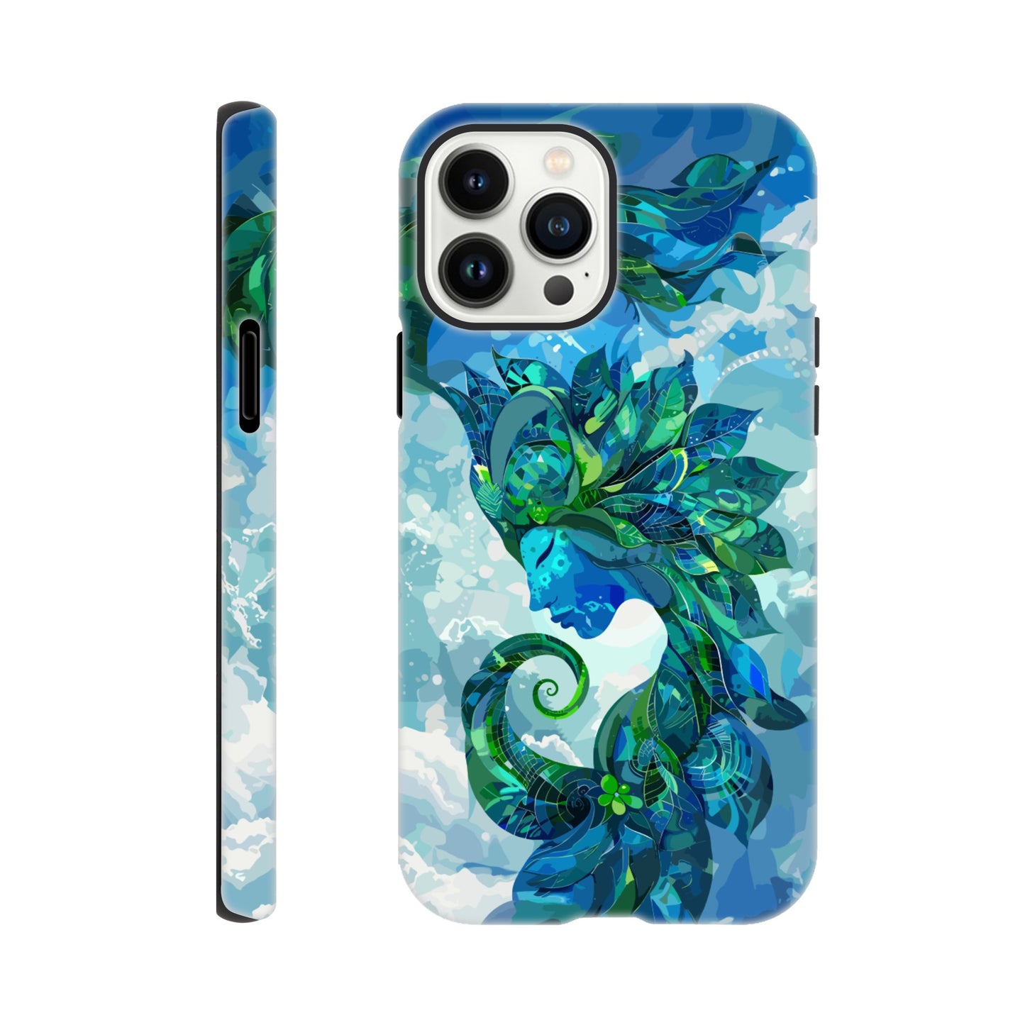 An Apple iPhone 13 Pro Max Phone Case with the following design on it: digital illustration of the symbol for the Zodiac symbol for Virgo, abstract Maiden, swirling in the sky with clouds and blue background, vibrant green and dark blues, digital art style, detailed shading, intricate details, fantasy elements, fantasy-inspired designs, fantasy realism