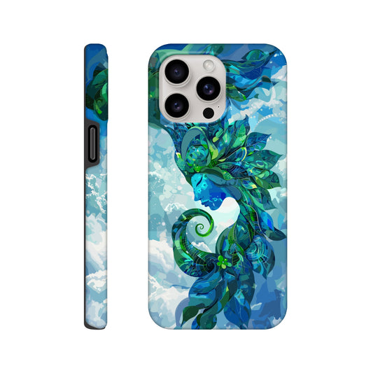 An Apple iPhone 15 Pro Max Phone Case with the following design on it: digital illustration of the symbol for the Zodiac symbol for Virgo, abstract Maiden, swirling in the sky with clouds and blue background, vibrant green and dark blues, digital art style, detailed shading, intricate details, fantasy elements, fantasy-inspired designs, fantasy realism