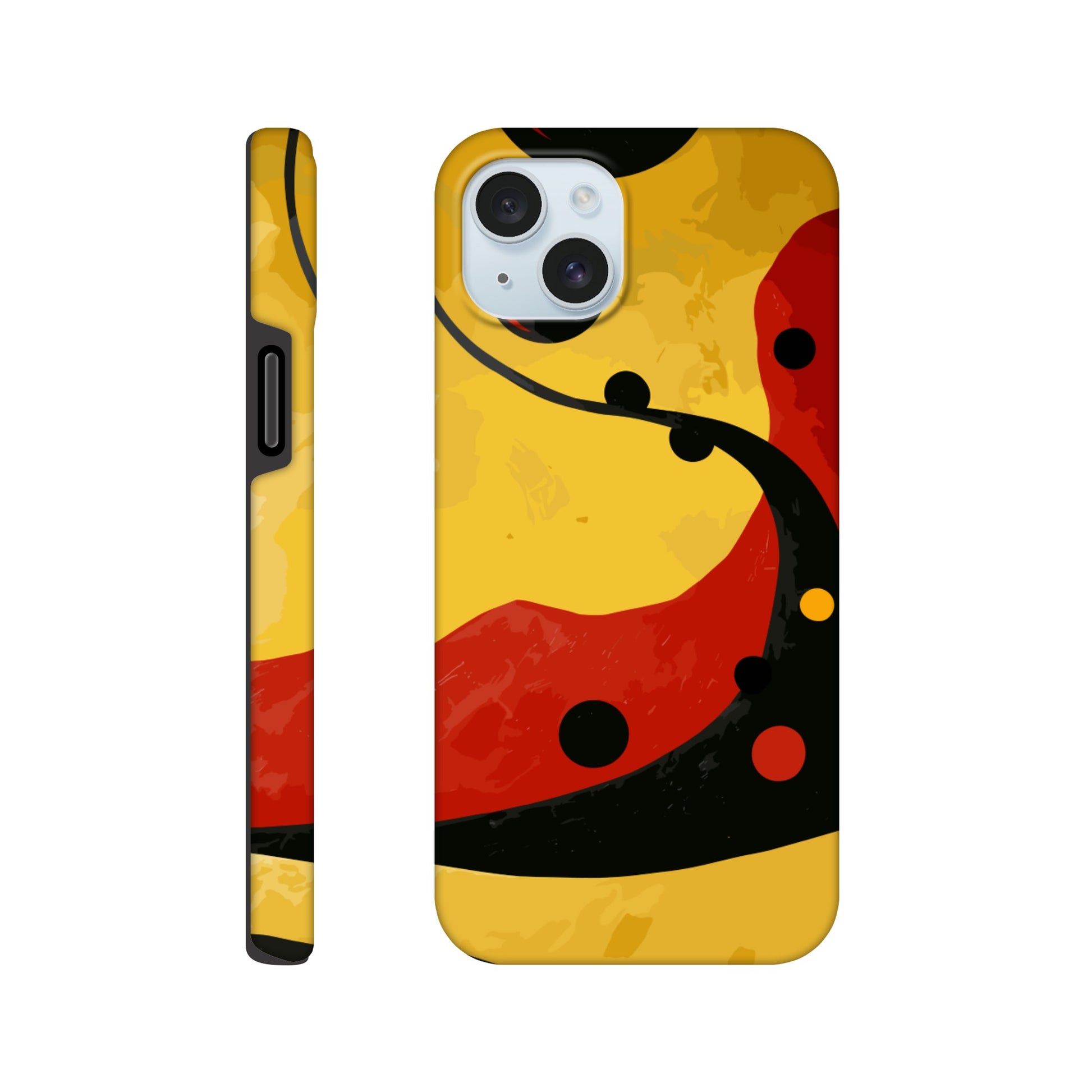 An Apple iPhone 15 Plus Phone Case with the following design on it - Abstract painting of yellow, red and black dots on the wall in an art deco style. The background is a dark gradient from light to deep yellow. In the foreground there's a swirl with three circles that resemble multiple shapes within each other, giving it depth. It has organic curves but also geometric elements.