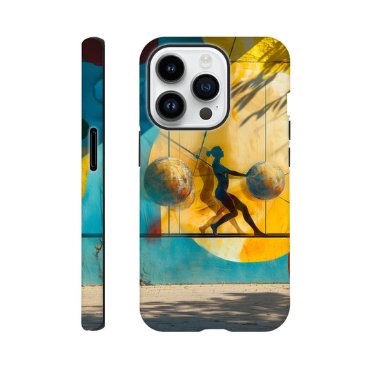 An Apple iPhone 14 Pro Phone Case with the following design on it: A colorful mural depicting the figure of a Female athlete with two circles and three spheres in yellow, blue, and red colors, painted on concrete walls. A woman is running between them while holding another sphere in her hand. The shadows cast by palm trees create dynamic patterns that highlight details like dots and lines, adding depth to the scene