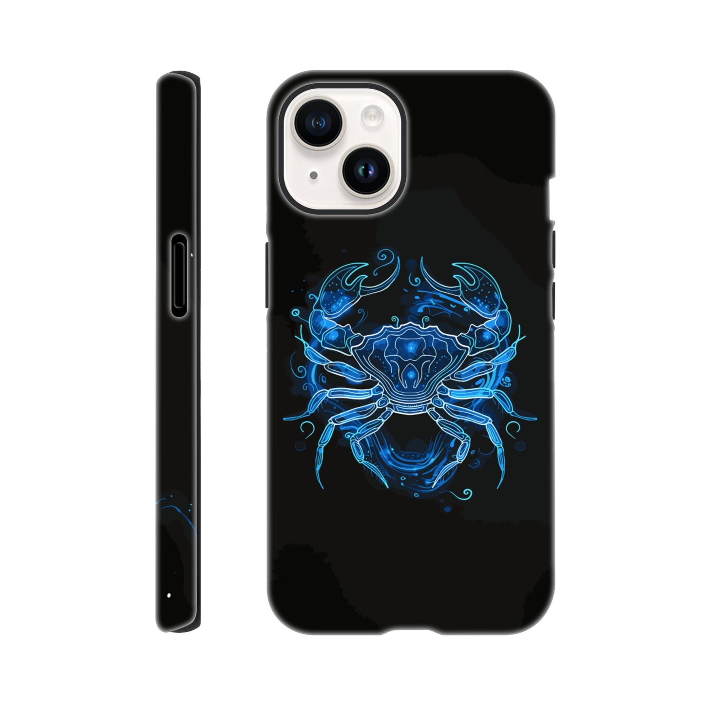 An Apple iPhone 14 Phone Case with the following design - A simple white line drawing of the symbol for Cancer-a Crab, with blue outlines on black background. The design is minimalistic and elegant, focusing only on basic shapes to represent the zodiac sign's symbolism in astrology. It has an art deco style that highlights its curves and swirls, creating a sense of motion or energy within each curve.