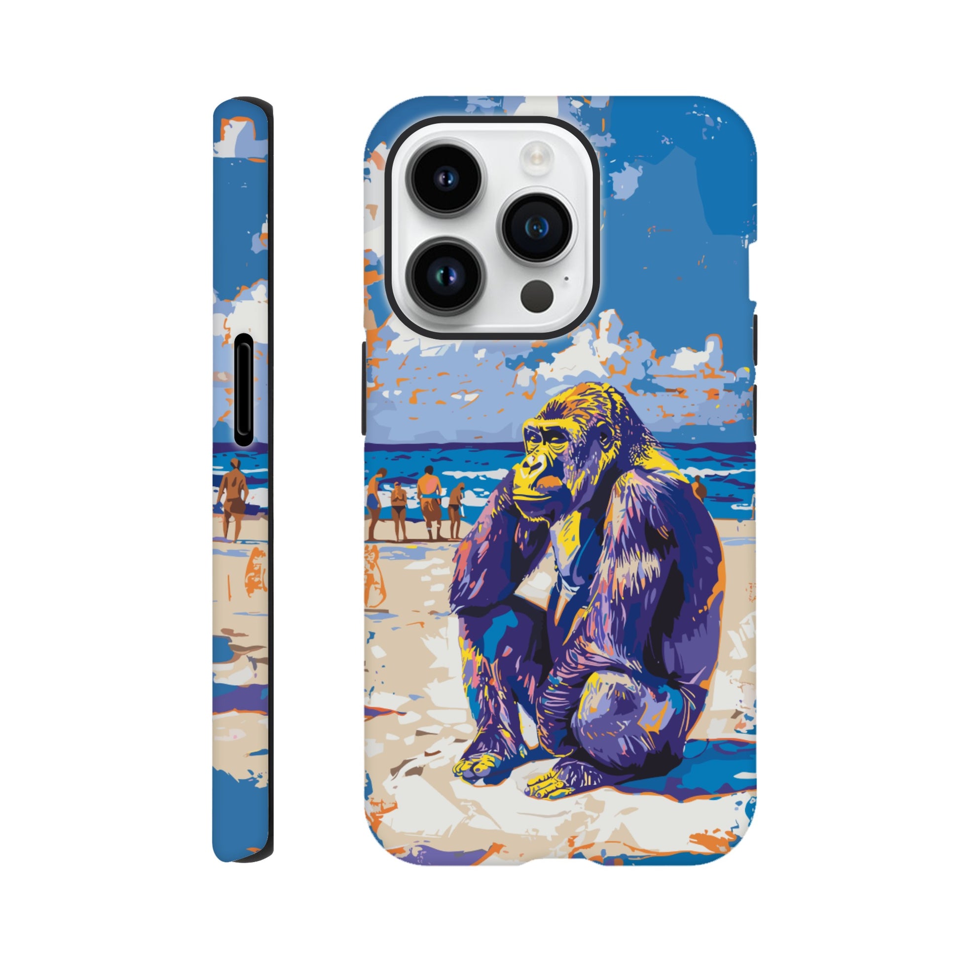 An iPhone 14 Pro with a design of a Gorilla at the beach thinking while a diverse group of people stroll along the beach in the background, royal blue, orange, purple, yellow, white, fauvism meets pop art