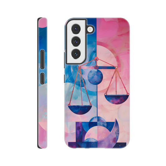 A Samsung Galaxy S22 Phone Case with the following design on it : The Zodiac symbol for Libra, scales of justice theme, planet Venus in the background, Bauhaus style, royal blue, light pink