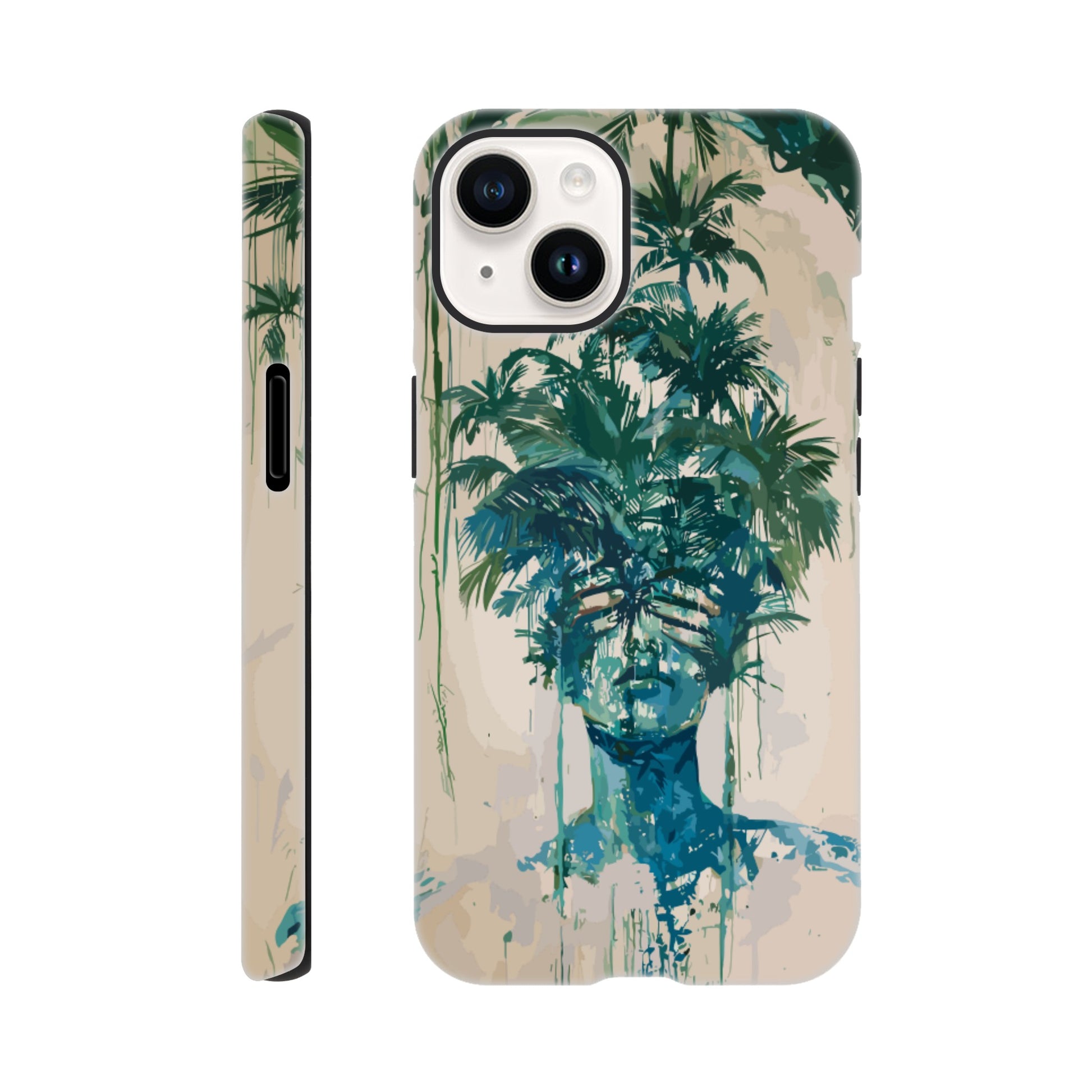 An Apple iPhone 14 phone case with the following design on it -the soulless look on the face of either a female or male human form that is self possessed and obscured by a dozen palm trees, green, blue, white, surrealism meets fauvism