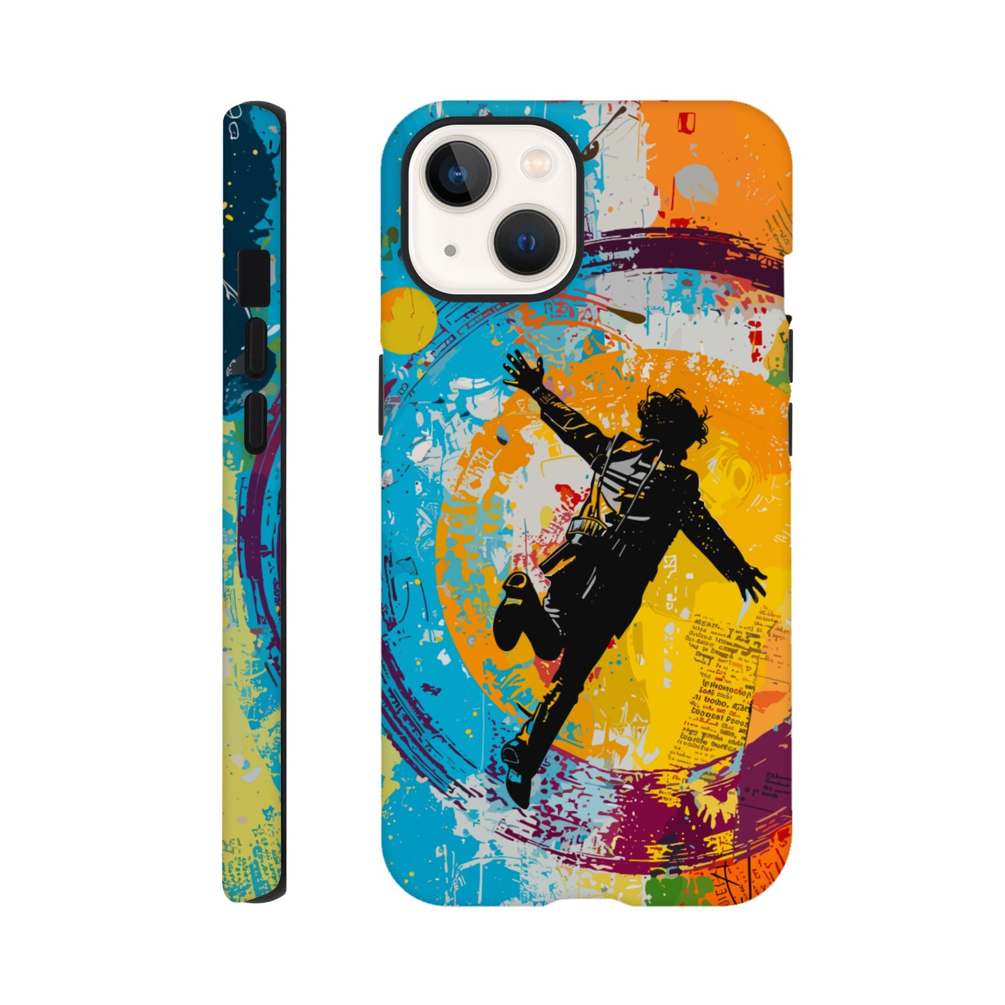 An Apple iPhone 13 Phone Case with the following design on it -A graffiti style painting of the back of a human male in a suit falling in mid-air, with bold colors. The background is filled with vibrant splashes of color and newspaper texture in the style of American pop art