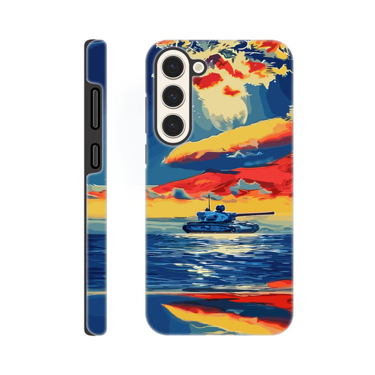 A Samsung Galaxy S23 Plus Phone Case with the following design on it : A tank is sailing on the sea, with colorful clouds in the sky and a sunset reflection on the water surface, the style of an oil painting. The main colors of red, blue, yellow and orange are presented in a flat illustration