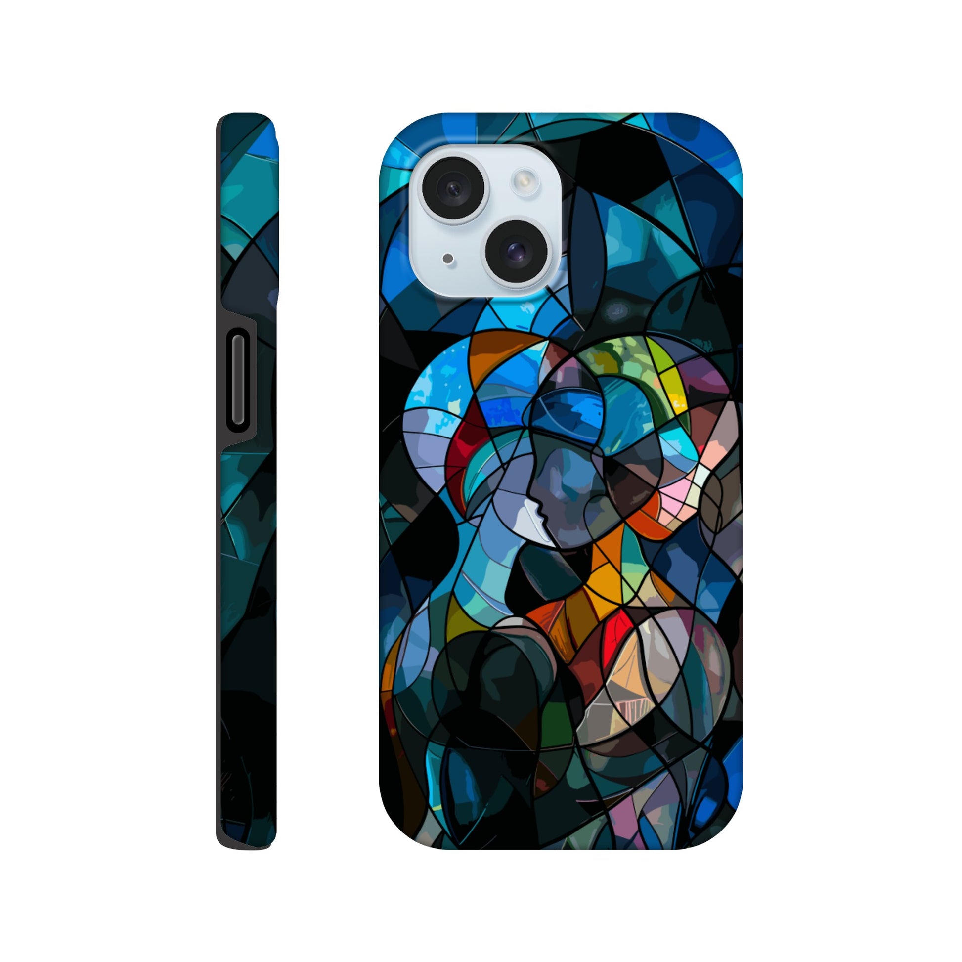 An iPhone 15 Phone Case with the following design on it: stained glass window of two people hugging, in the style of cubism, abstract shapes and lines, vibrant colors, dark background, hyper realistic 