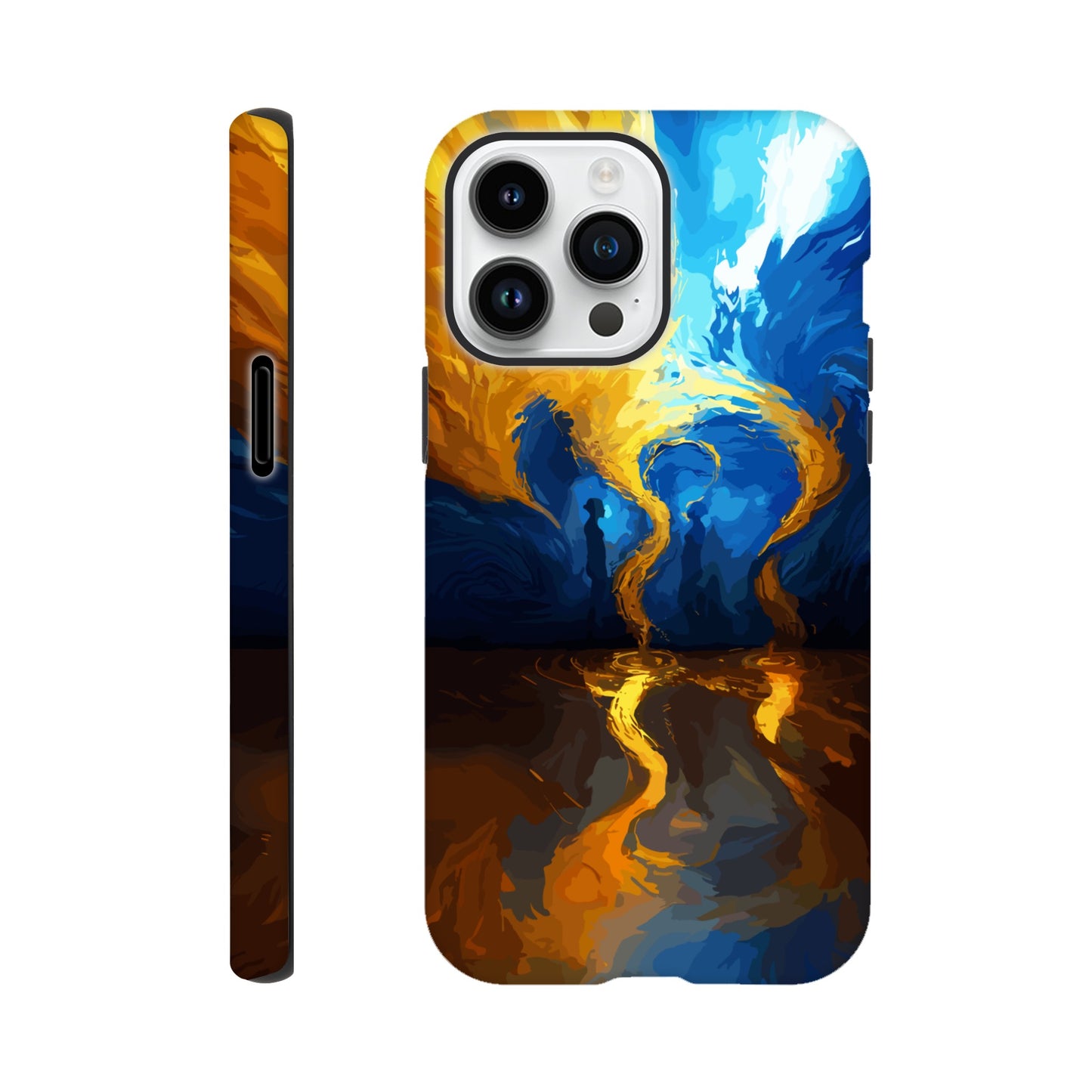 An iPhone 14 Pro Max Phone Case with the following design on it -An abstract image of flowing thunder/lightning and waves. The colors of blue, orange, and yellow. There are two human forms facing each other in the middle of the image.